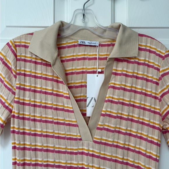 NWT Zara Striped Ribbed Knit Polo Collar Midi Dress L - Picture 9 of 11